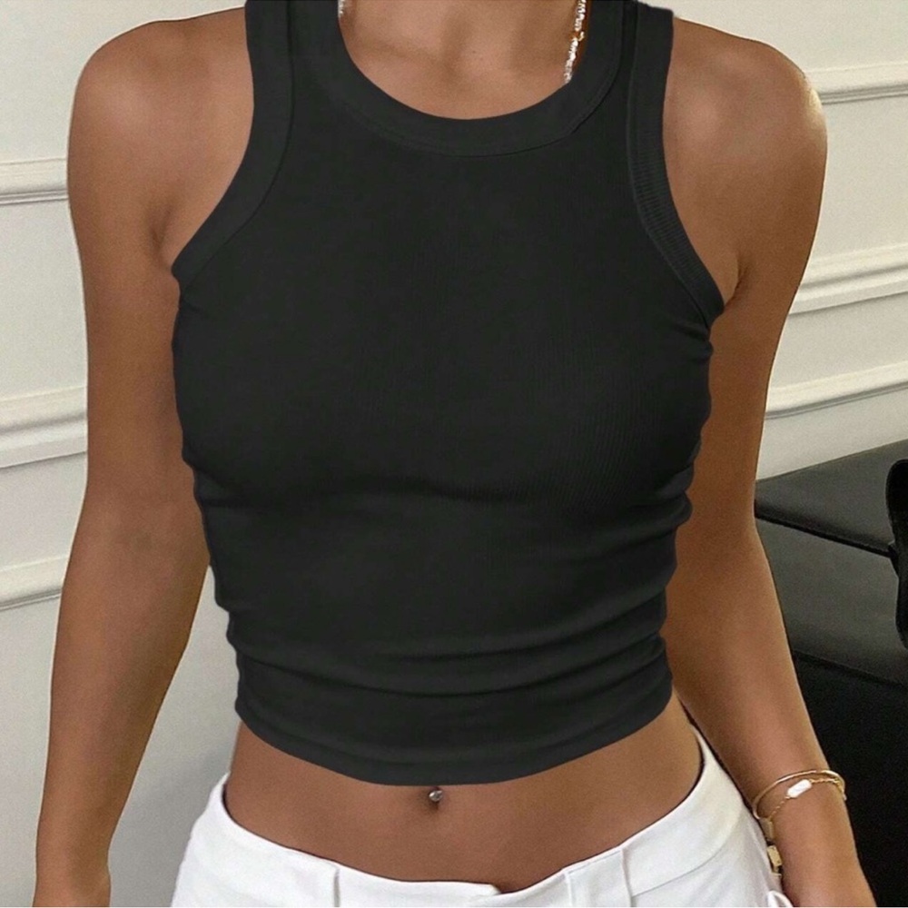 Black Solid Ribbed Fitted Tank Top XS S M L XL